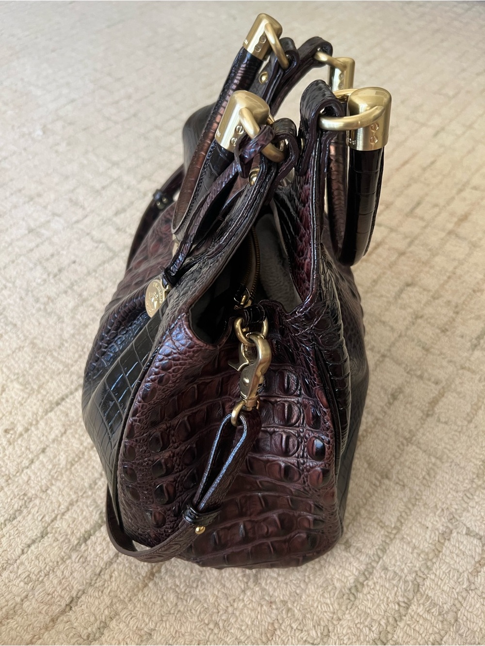 Brahmin Elisa Satchel Bordeaux Melbourne Embossed Croc Leather Bag Brown Gold - Picture 4 of 9